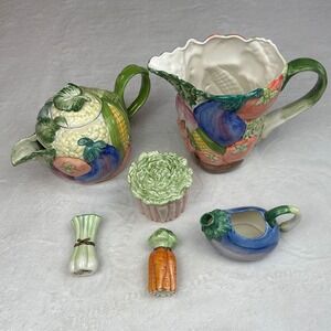 Fitz & Floyd 1986-1987 VTG Ceramic Vegetable Pitcher Creamer Sugar Bowl 6P Set‎